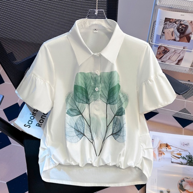 纯棉水墨印花泡泡袖翻领衬衫女短袖2025夏季新款宽松显瘦薄款上衣