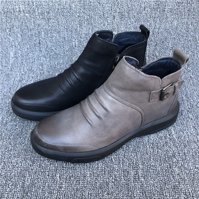 冬季加绒保暖圆头侧拉链高帮皮鞋