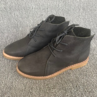 微瑕疵慎拍35码 翻毛工装 黑色真皮高帮鞋 系带百搭舒适短靴 公牛女鞋