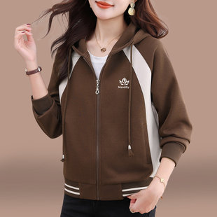 连帽卫衣女款春秋2026新款中年妈妈洋气春装拼接撞色拉链外套上衣