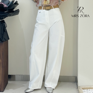 MRS ZORA佐拉白色弯刀牛仔裤 女2025夏拼接设计感高腰宽松阔腿裤