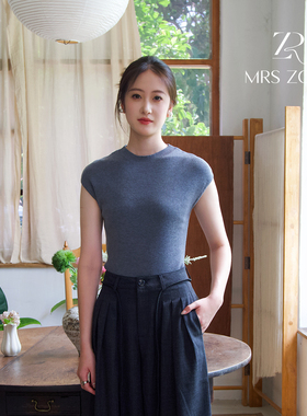 MRS ZORA佐拉新款无袖针织短袖灰色蓝色超软修身显瘦53BZZ1106
