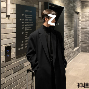 秋冬ulzzang加厚腰带毛呢大衣男韩版过膝长款宽松呢料风衣外套男