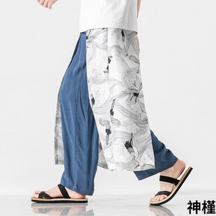 夏季 大码中国风仙鹤古风汉服棉麻哈伦裤男女休闲大码直筒阔腿裤