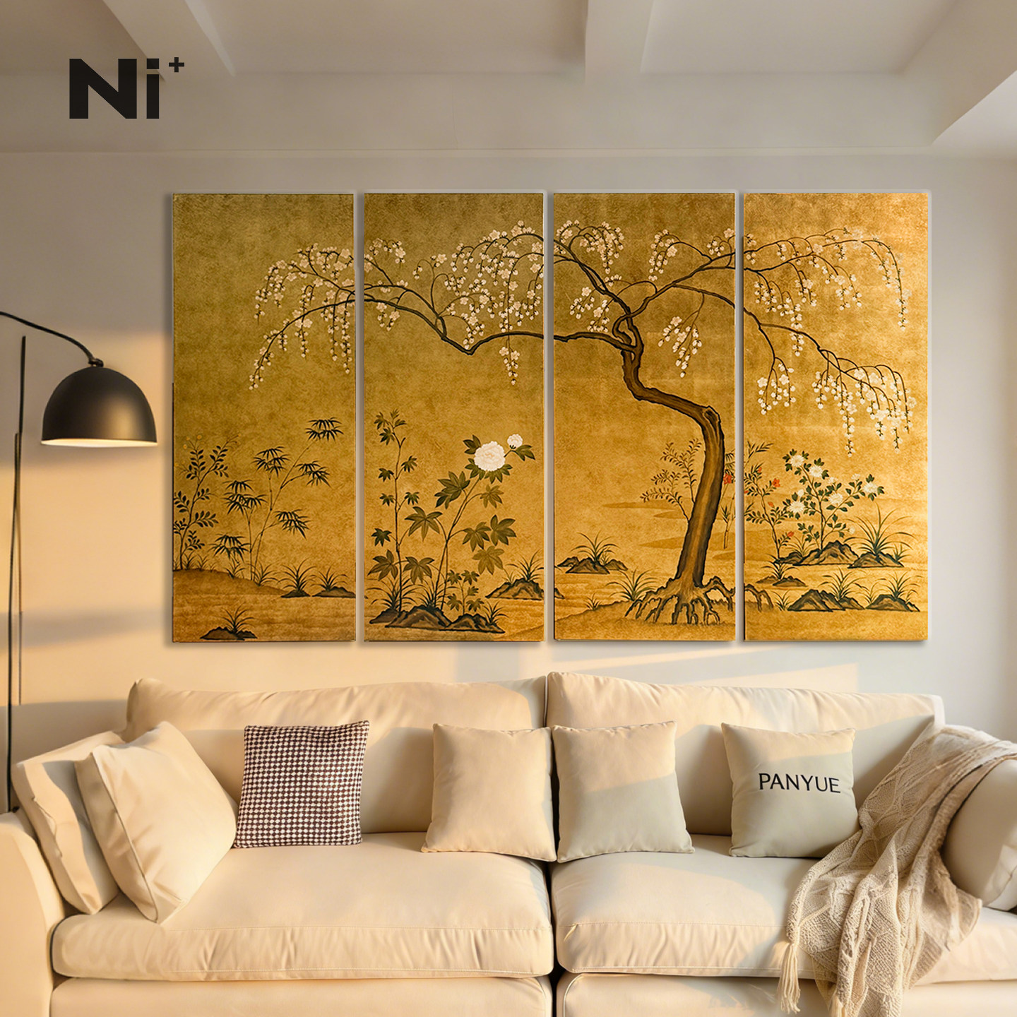 Ni尼家金箔国画屏风梅花折屏法式中古风客厅装饰画四联画床头屏风