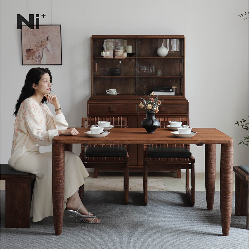 Ni尼家实木餐桌中古风家用餐厅桌子复古风民宿饭桌侘寂风日式餐桌