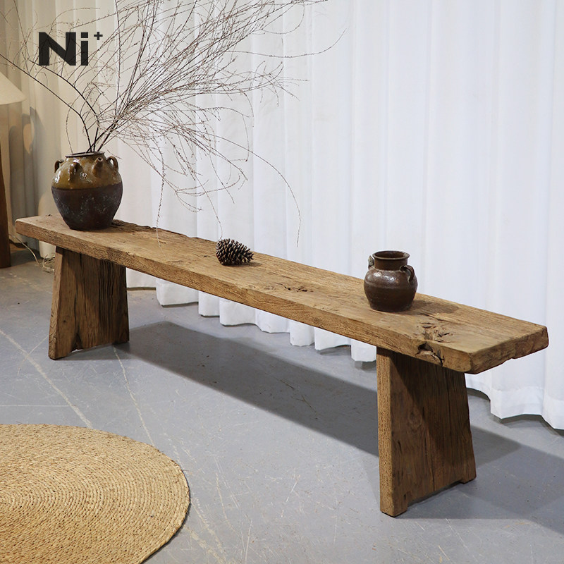 Ni尼家侘寂风长条凳民宿酒店老榆木茶凳民宿床尾凳靠墙实木换鞋凳