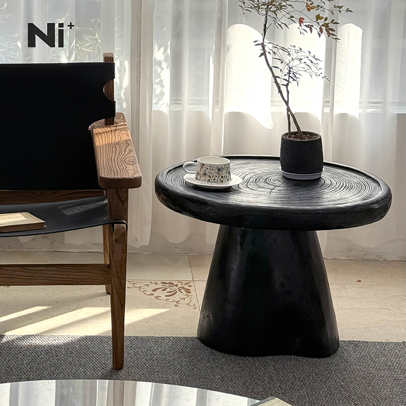 侘寂风实木茶几黑色炭化复古风