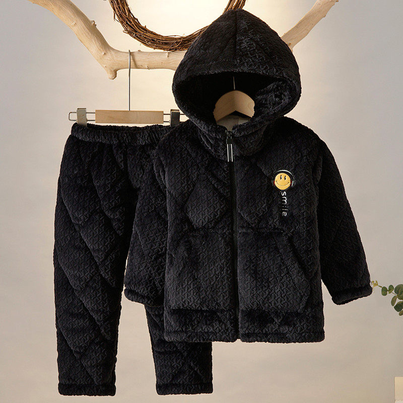 冬季儿童睡衣男童拉链加厚中大童三层夹棉宝宝法兰绒家居服套装