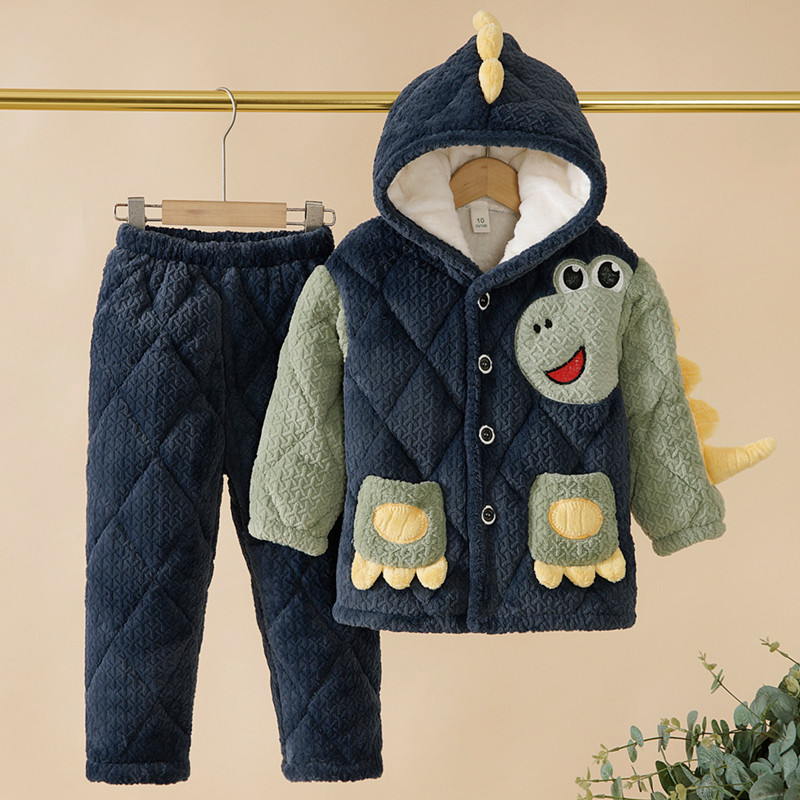 冬季睡衣男童法兰绒三层夹棉加厚小孩宝宝套装珊瑚绒儿童家居服23