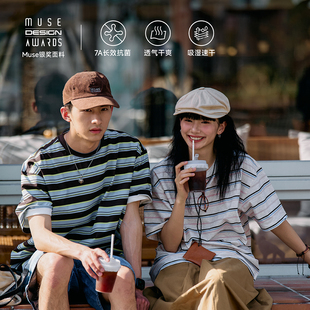 RESTICK「夏日可可」日系复古棕咖条纹速干透气情侣装短袖T恤夏季