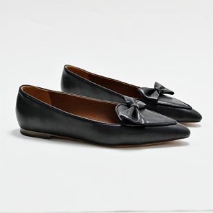 纯PL 37码尖头浅口黑色里外真皮平跟单鞋蝴蝶结秀气上班通勤鞋女