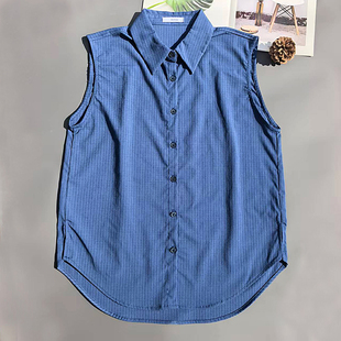 蓝色无袖衬衫女假领叠穿伴侣打底马甲内搭衬衣背心