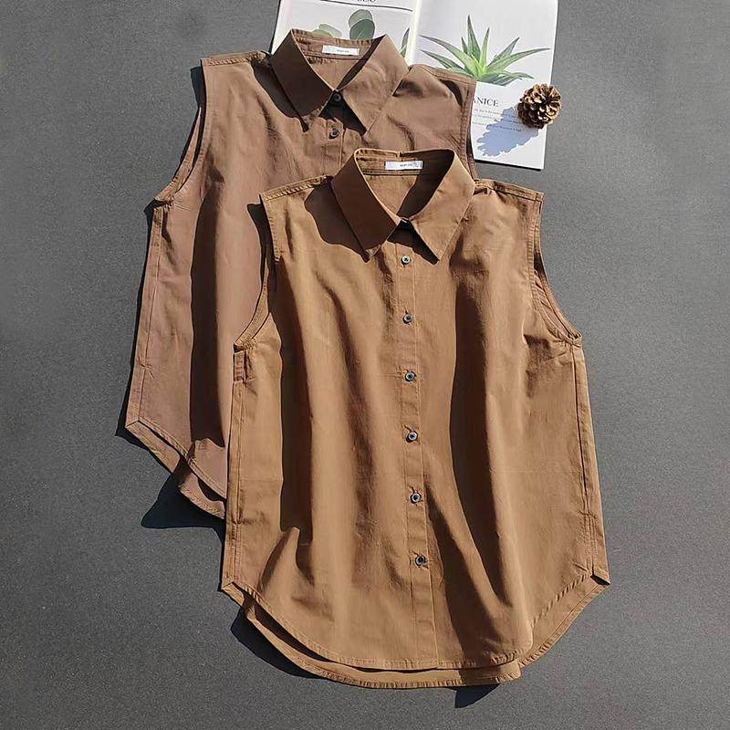 定制高端！美拉德棕背心全棉马甲女无袖衬衣假领子背心衬衫内搭女