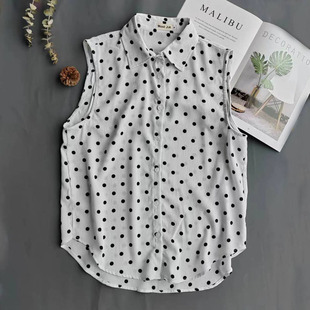 垂感好！竹节雪纺白底黑点背心马甲女无袖衬衣假领子背心衬衫内搭