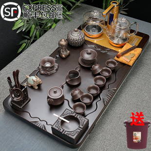 家用简约紫砂整套功夫茶杯全自动玻璃四合一 黑檀实木茶盘茶具套装
