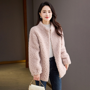 纯羊毛皮毛一体外套女毛毛羊羔毛皮草新款真毛颗粒绒羊剪绒简约风