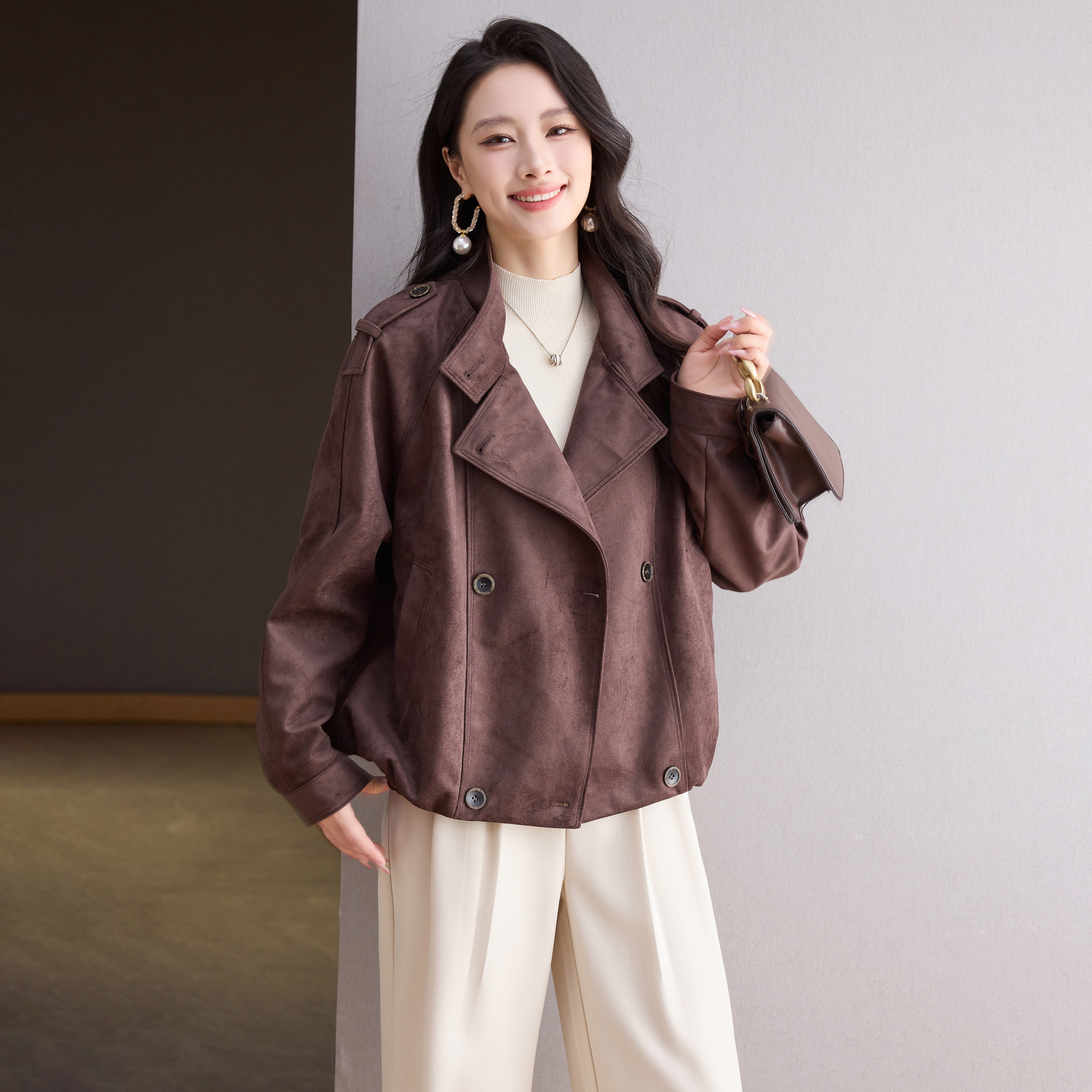 春秋短款韩系麂皮绒机车皮衣女