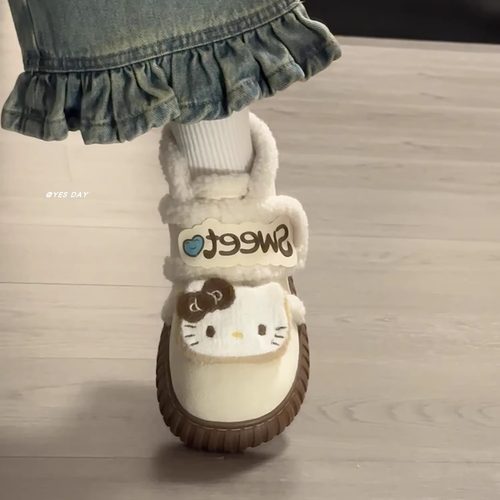 可爱卡通凯蒂猫厚底时尚雪地靴女2025冬季新款加绒防滑魔术贴棉鞋