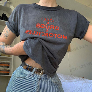 T恤女夏季 复古深灰色字母正肩短袖 欧美上衣百搭 Wen美式 Vintage