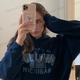 Vintage Wen潮牌蓝色字母连帽卫衣女潮ins春秋美式复古上衣个性