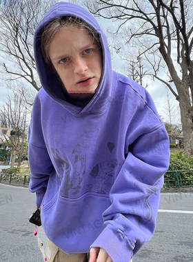 Vintage Wen美式复古紫色潮酷街头连帽卫衣女休闲ins薄款帽衫上衣