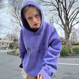 帽衫 复古紫色潮酷街头连帽卫衣女休闲ins薄款 上衣 Wen美式 Vintage