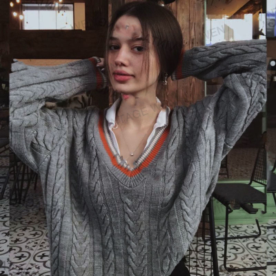 Vintage Wen美式复古灰色显瘦V领学院风针织衫毛衣宽松慵懒上衣