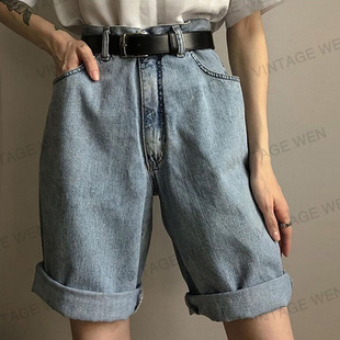 VintageTang美式复古浅蓝色直筒高腰牛仔短裤潮ins女夏五分裤嘉贰