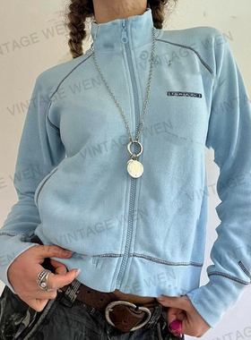 VintageWen美式复古蓝色立领卫衣外套女短款长袖开衫新款百搭上衣