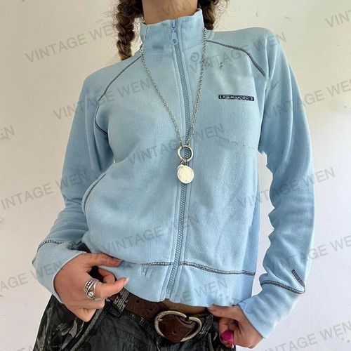 VintageWen美式复古蓝色立领卫衣外套女短款长袖开衫新款百搭上衣