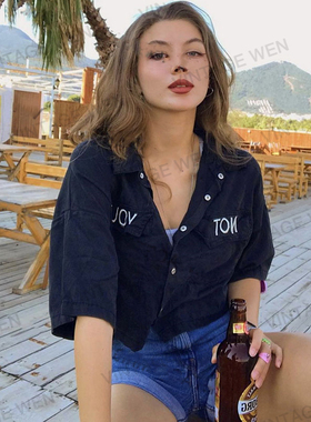 Vintage Wen美式复古黑色潮牌宽松短款短袖衬衫女夏季上衣百搭
