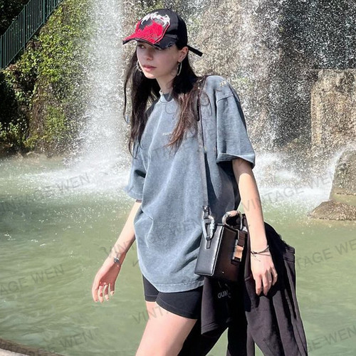 Vintage Wen美式复古灰色做旧小众街头百搭休闲宽松短袖T恤上衣女