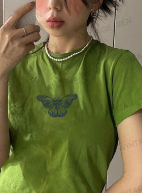 Vintage Wen美式复古绿色蝴蝶纯棉辣妹正肩短袖T恤女夏季上衣个性