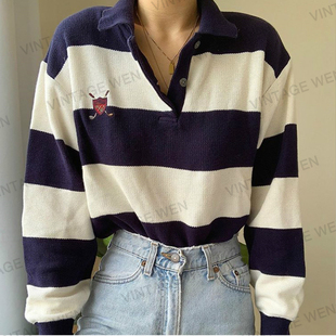 女ins宽松翻领撞色毛衣百搭 Vintage Wen 美式 复古条纹针织Polo衫