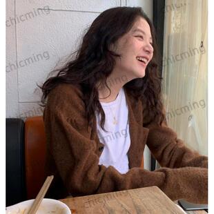 宽松针织单排扣开衫 棕色纯色韩版 毛衣女韩风温柔秋冬 Wen Vintage