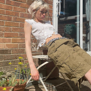 街头休闲百搭小众工装 Vintage Wen美式 复古卡其个性 女夏 阔腿短裤