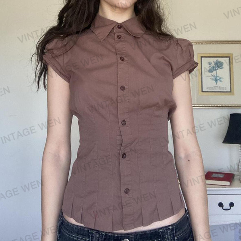 VintageWen美式复古泡泡袖polo领衬衫女束腰显瘦单排扣修身上衣