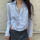 衬衫 复古浅蓝色条纹抽绳休闲简约甜美长袖 上衣女 Wen美式 Vintage