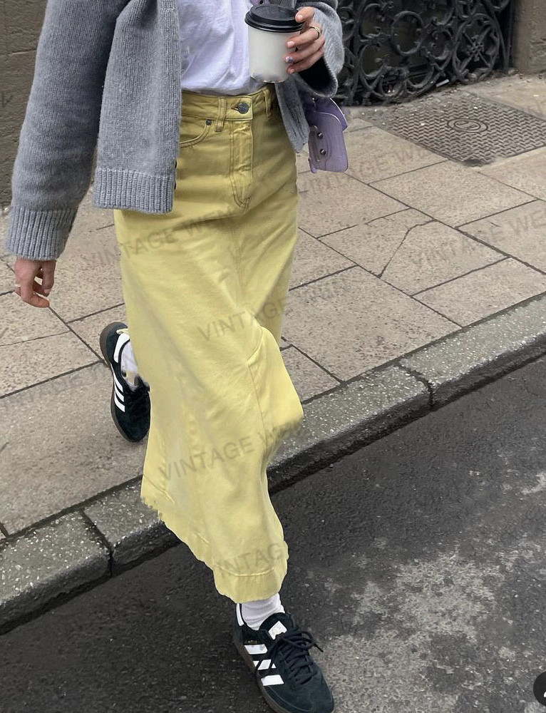 Vintage Wen美式复古浅黄色开叉宽松高腰直筒半身裙女牛仔裙百搭