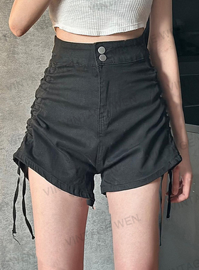 Vintage Wen美式复古ins抽绳设计黑色百搭休闲短裤高腰显瘦裤子