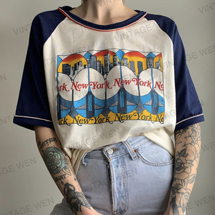 VintageTang美式复古白色拼接插肩袖短袖女潮ins宽松印花上衣嘉贰