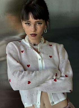 Vintage Wen美式复古白色圆领爱心宽松辣妹百搭个性针织开衫女
