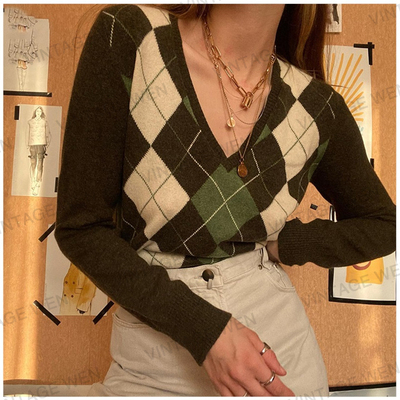 Vintage Wen 美式复古V领咖色菱格针织衫女潮ins修身显瘦毛衣个性