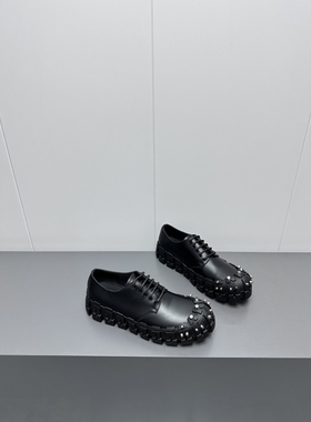 SAM JIMMY新款黑色系带轮胎鞋真皮铆钉厚底大头鞋李现同款德比鞋
