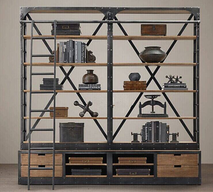 工业风loft铁艺实木书架置物架落地客厅复古陈列货架创意书柜定制