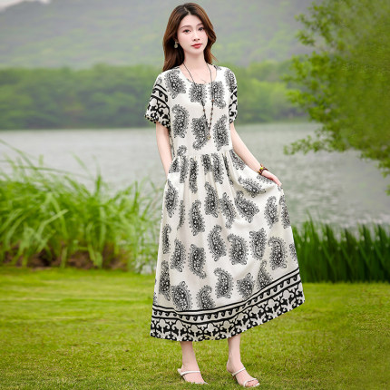 民族风印花棉绸连衣裙女夏季大码中老年妈妈宽松短袖过膝长款裙子