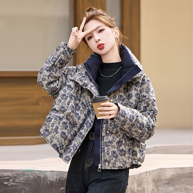 棉服女印花加厚短款立领2025新款小个子复古提花高级感棉衣外套女