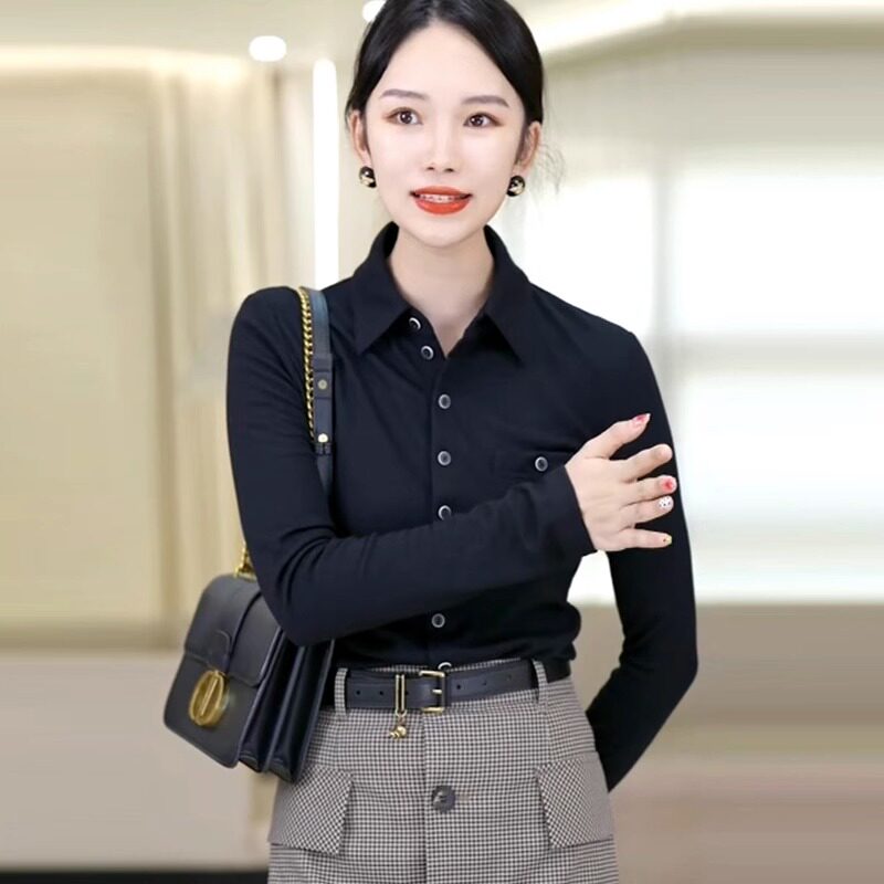 白领哥弟新2025春季新款莫代尔棉纯色方领打底衬衫女长袖上衣女