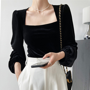 春季新款大码女装时尚小衫方领锁骨上衣金丝绒显瘦灯笼袖打底衫